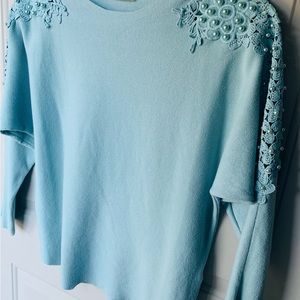 Elegant Light Blue Sweater Top with Pearls Embroidery Gorgeous